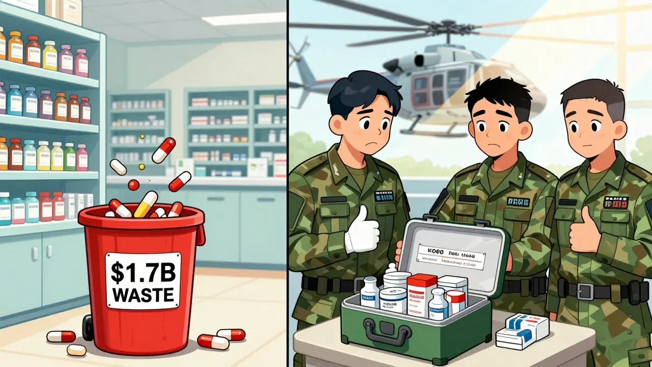 Split scene: chaotic pharmacy throwing away expired drugs vs. calm military medics loading extended-date medications.