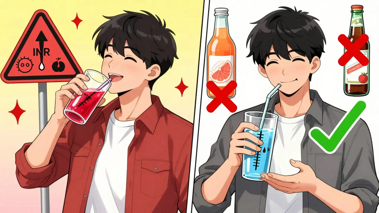 Split scene: cranberry juice causing dangerous INR spike vs. water promoting stable blood clotting levels.