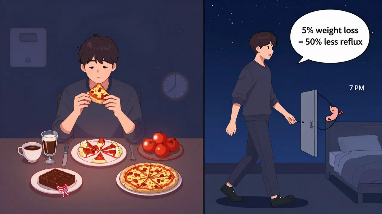 Split scene: person eating trigger foods vs. walking after dinner, with health icons floating nearby.