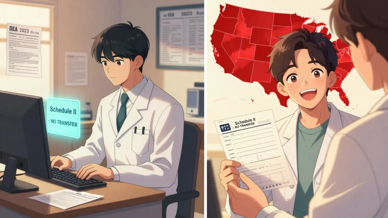 Split scene: pharmacist seeing Schedule II transfer denial vs patient holding new doctor's prescription