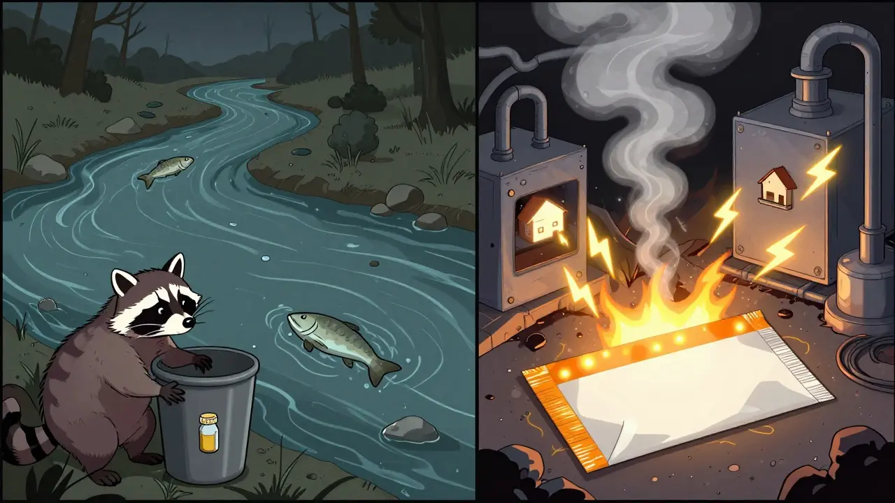 Split scene: polluted environment vs. clean incineration turning meds into electricity.