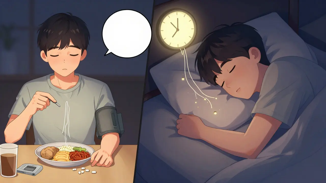 Split scene showing safe timing between fiber and blood pressure meds with glowing time indicator.