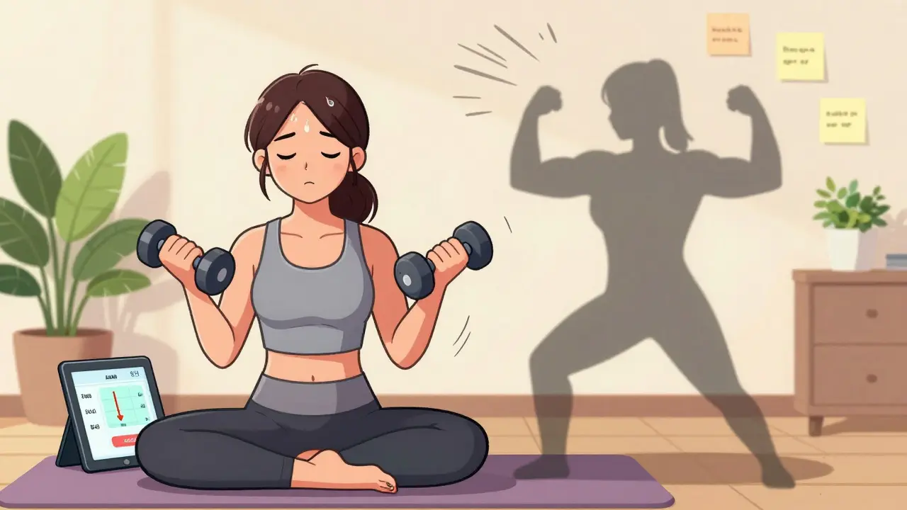 Woman doing strength training at home, tablet showing falling blood sugar levels, shadow transforming into healthier self.