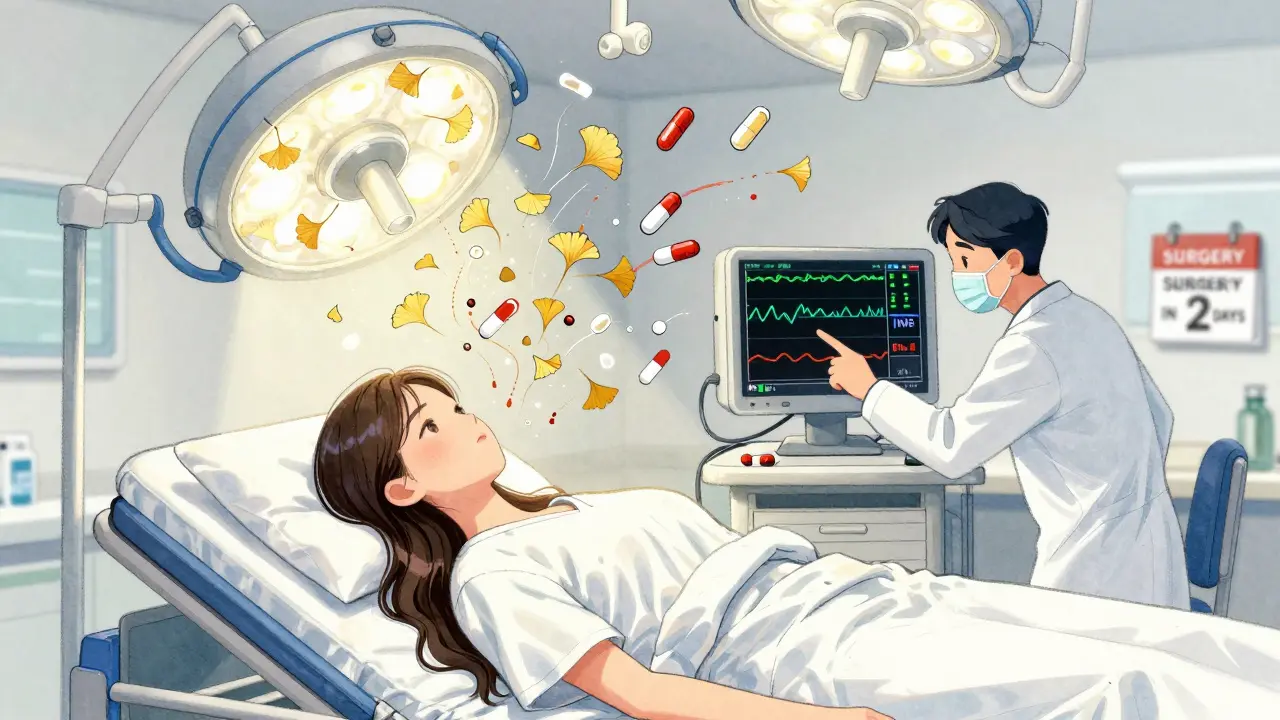 Woman on hospital gurney with swirling blood thinners and Ginkgo leaves above her, doctor pointing at INR monitor.