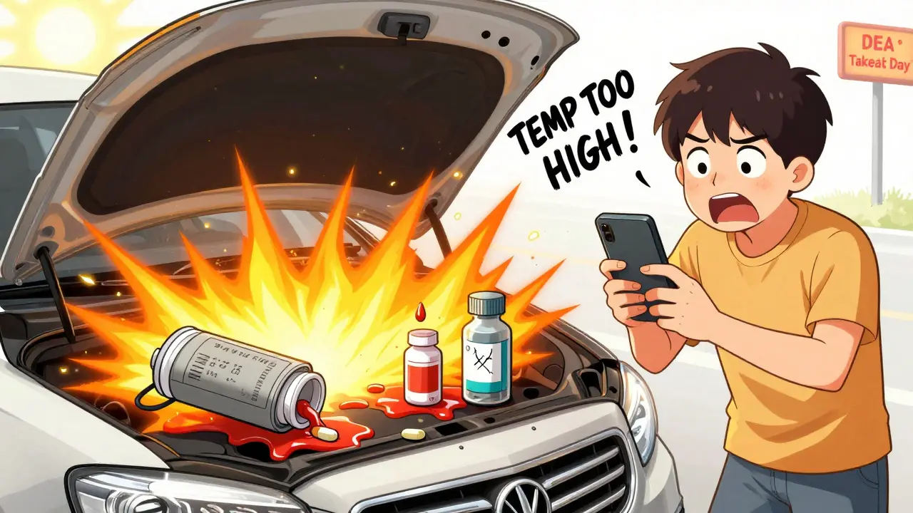 A car glove box overheating with melting pills and an alert phone showing high temperature.