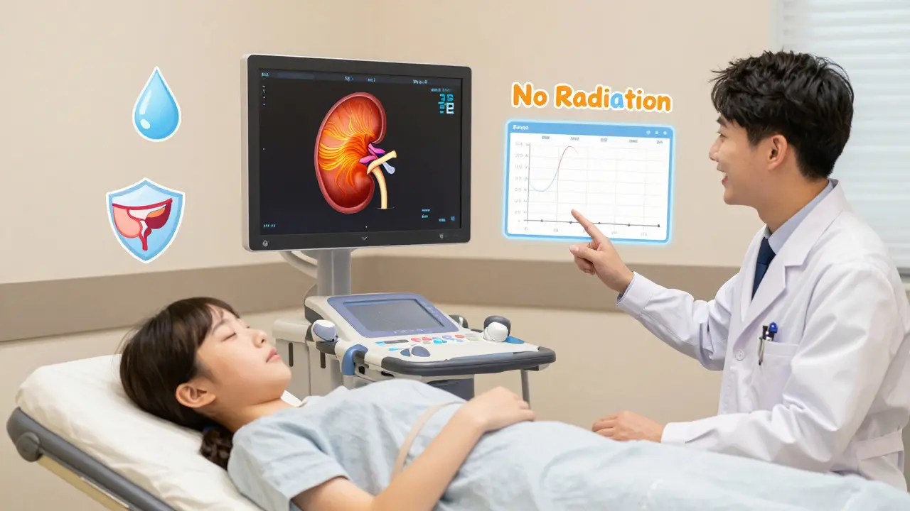 A child undergoing a safe, AI-assisted renal ultrasound with color-coded tissue stiffness visualization.