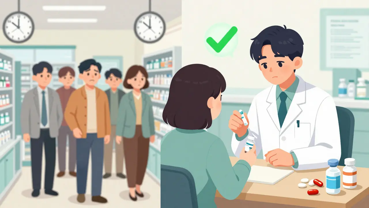 A contrast between a chaotic, rushed pharmacy line and a calm, thorough counseling session where a pharmacist checks medication appearance with a patient.