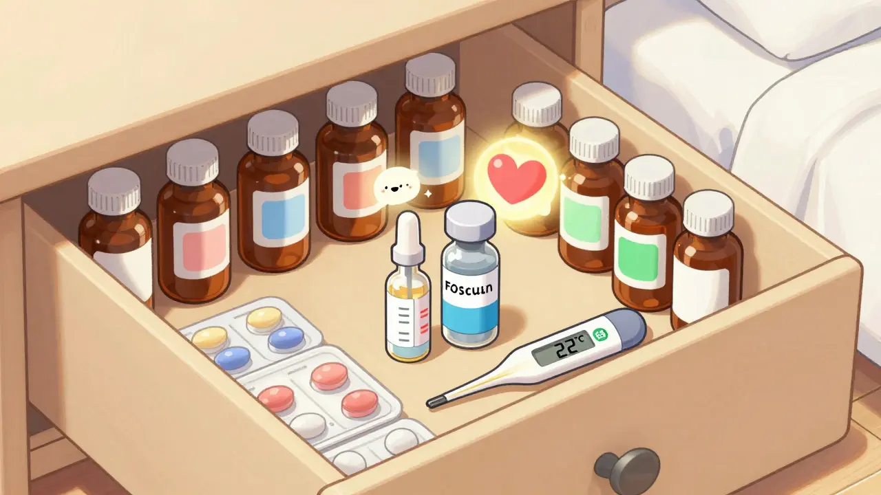 A cool, dry bedroom drawer with color-coded medicine bottles and a steady temperature display.