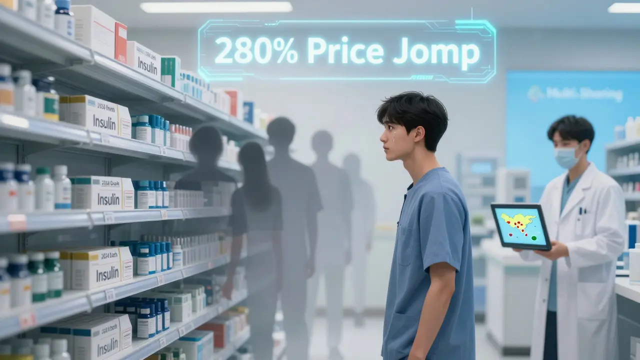 A patient facing an empty insulin shelf, ghostly figures behind them, with map showing diversified supply sources.