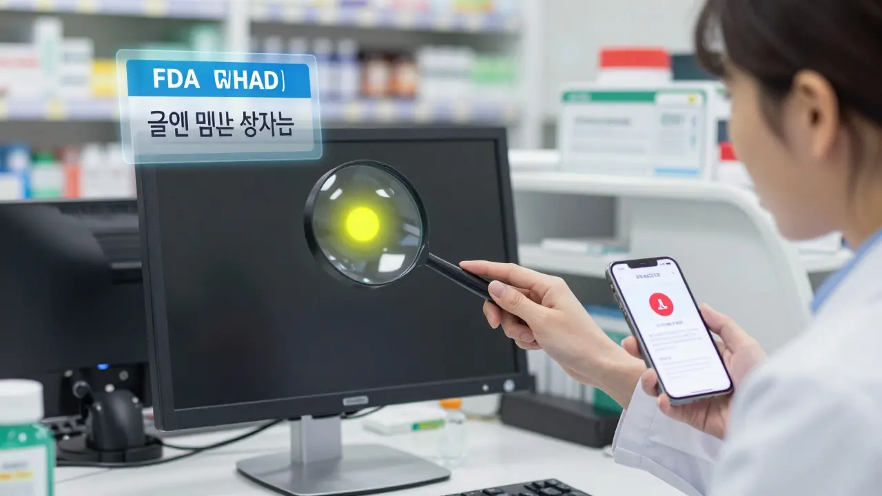 A pharmacist using a magnifying glass to show a lot number on a pill bottle, with a floating FDA recall alert.