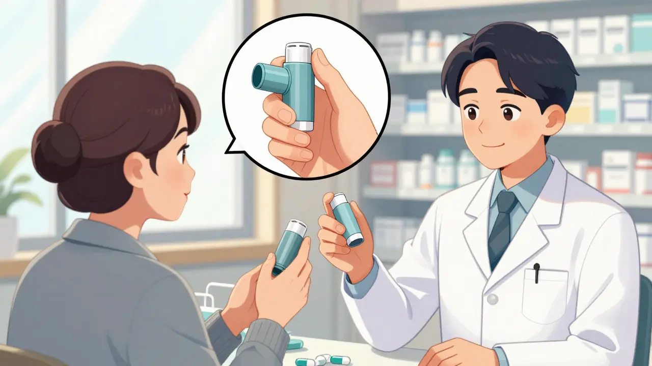 A pharmacy technician helps a patient demonstrate inhaler use, with a close-up showing incorrect technique while a pharmacist observes attentively.