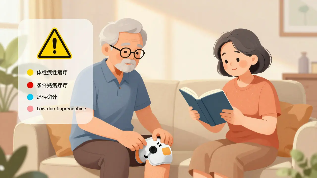 An elderly couple enjoys quiet time with non-opioid pain relief tools, contrasting safe vs. risky treatments.