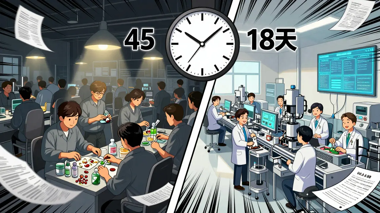 Contrasting drug factories: crowded Asian plant vs. modern U.S.-Mexico facility with reduced lead times.