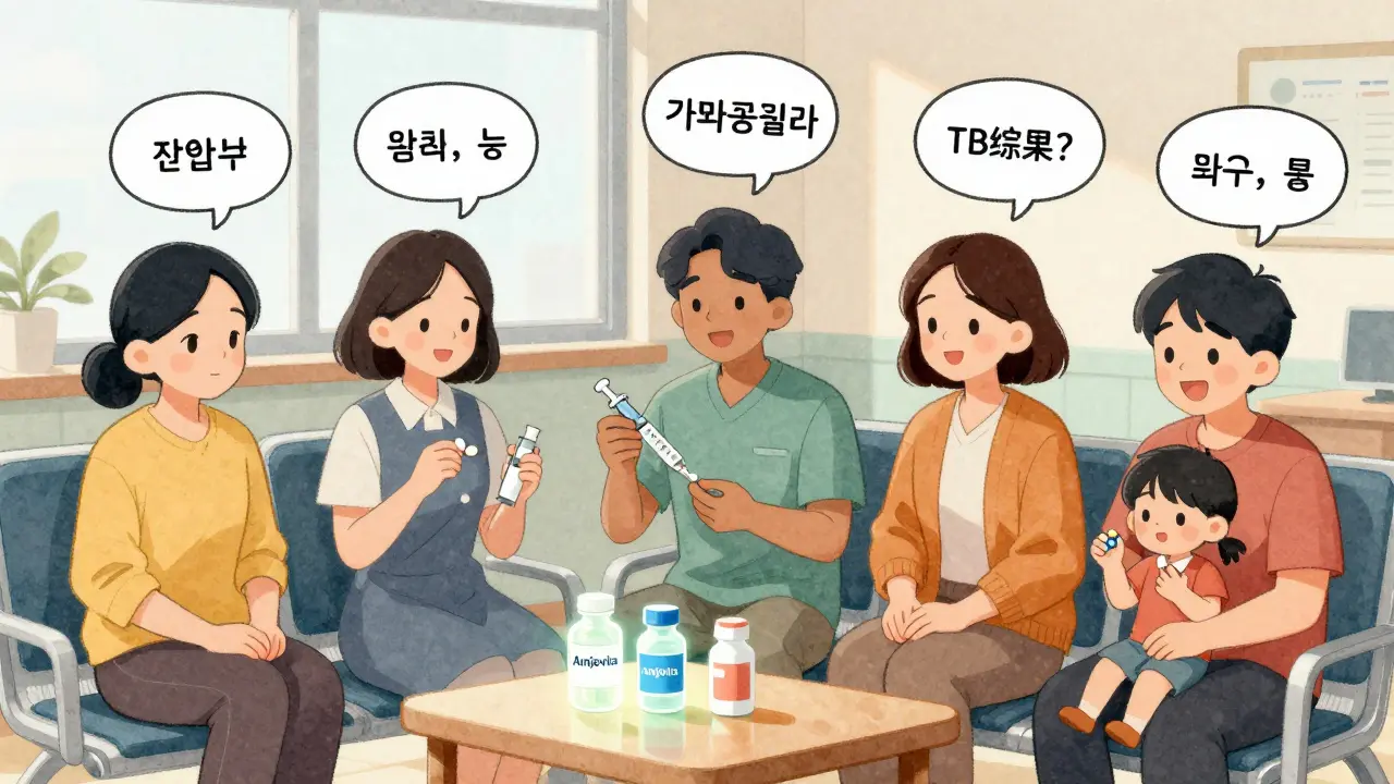 Diverse RA patients in a clinic, each with different medications and emotional thoughts.