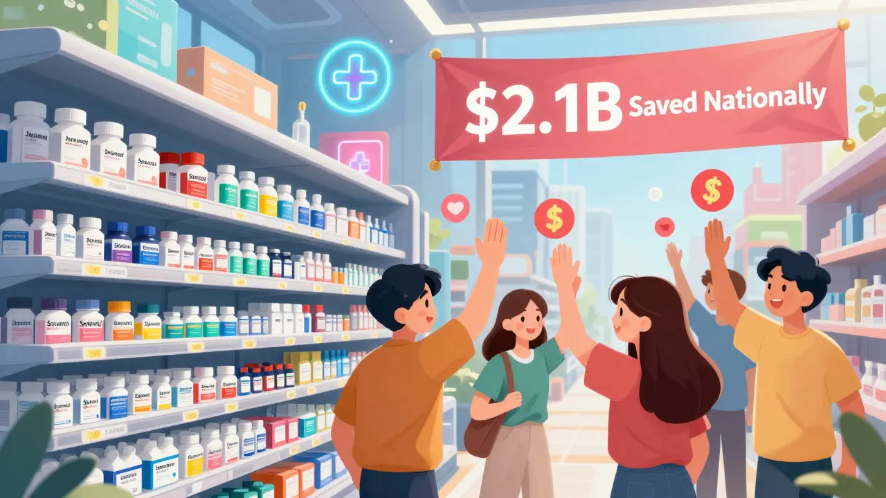 Futuristic pharmacy shelf with generic diabetes combos in 2028, patients celebrating savings