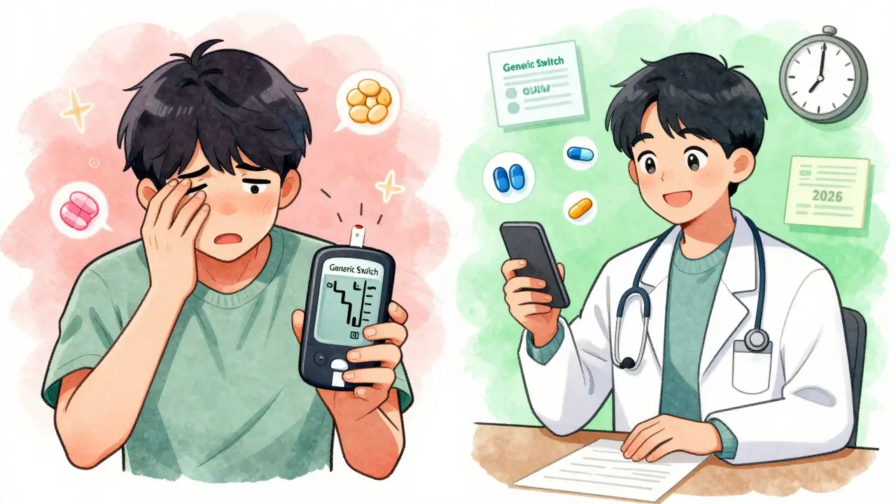 Patient comparing erratic and stable blood sugar readings after switching to generic medication