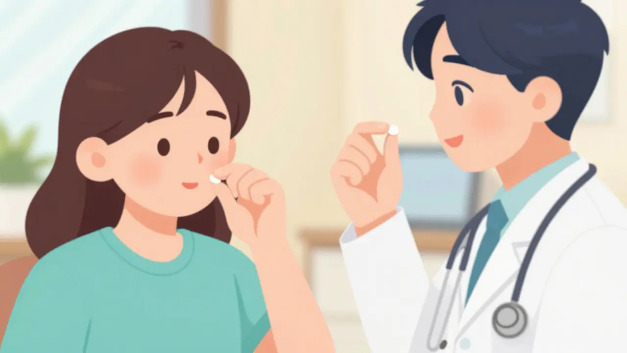 Patient taking lower-dose medication while doing breathing exercises with doctor.