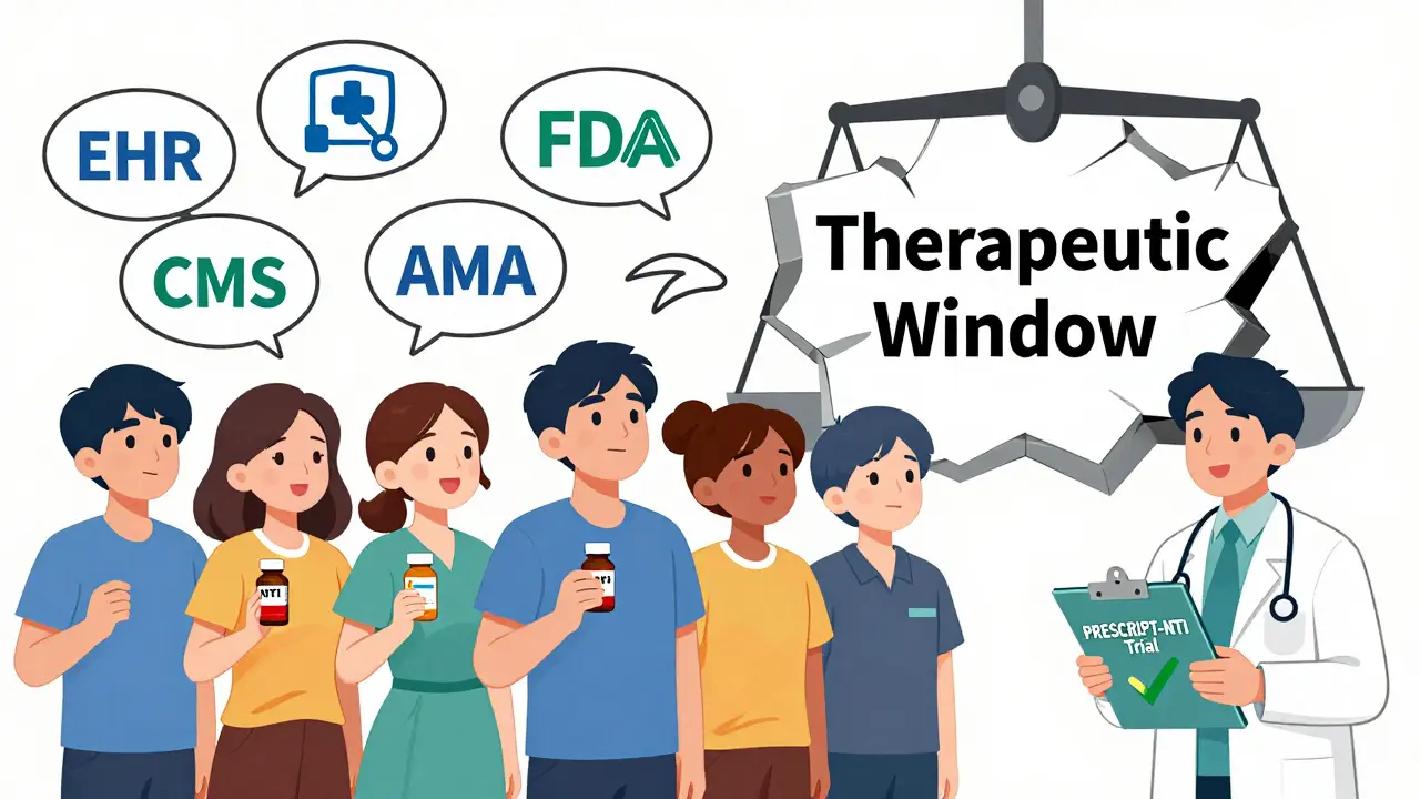 Patients holding NTI drug bottles looking up at a fractured scale labeled 'Therapeutic Window' with medical icons arguing above.