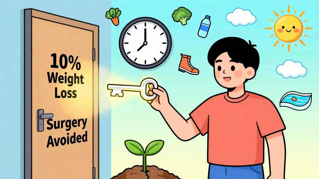 Person unlocking a door labeled 'Surgery Avoided' with key marked '10% Weight Loss', symbols of healthy habits floating around.