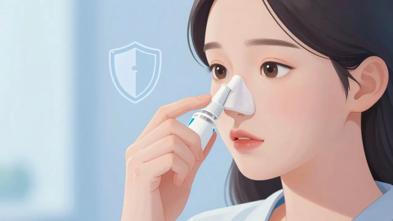 Pregnant woman safely applying nasal steroid spray during pregnancy.