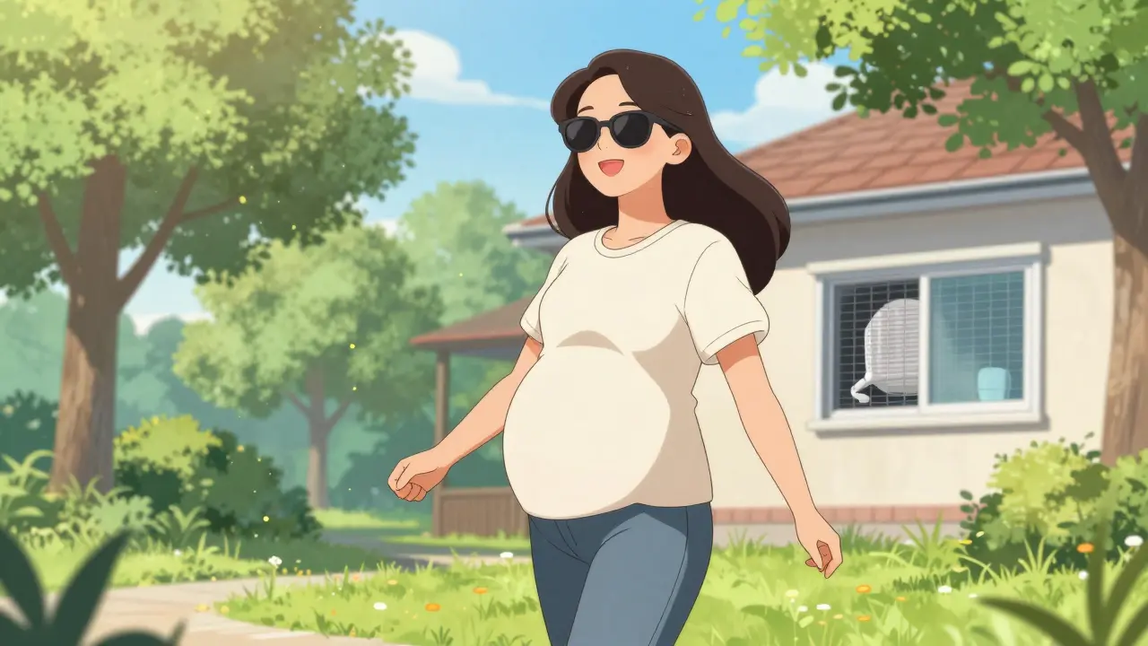 Pregnant woman wearing sunglasses outdoors to block pollen.