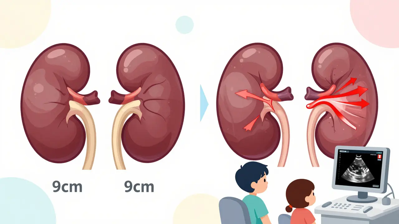Side-by-side comparison of a healthy and obstructed kidney with blood flow indicators and medical team observing.