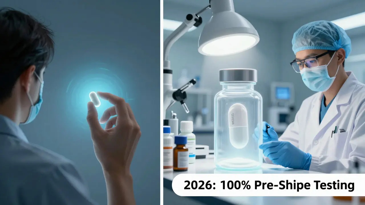 Split scene: fading medication on one side, clean tablet being tested in a lab on the other, with a banner about pre-shipment testing.