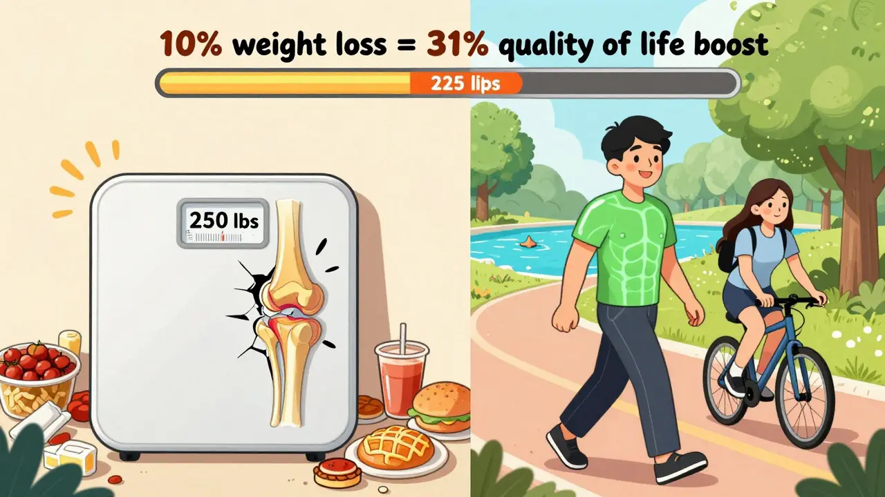 Split scene: person losing weight from 250 to 225 lbs, left side with junk food and crumbling joint, right side active and healthy.