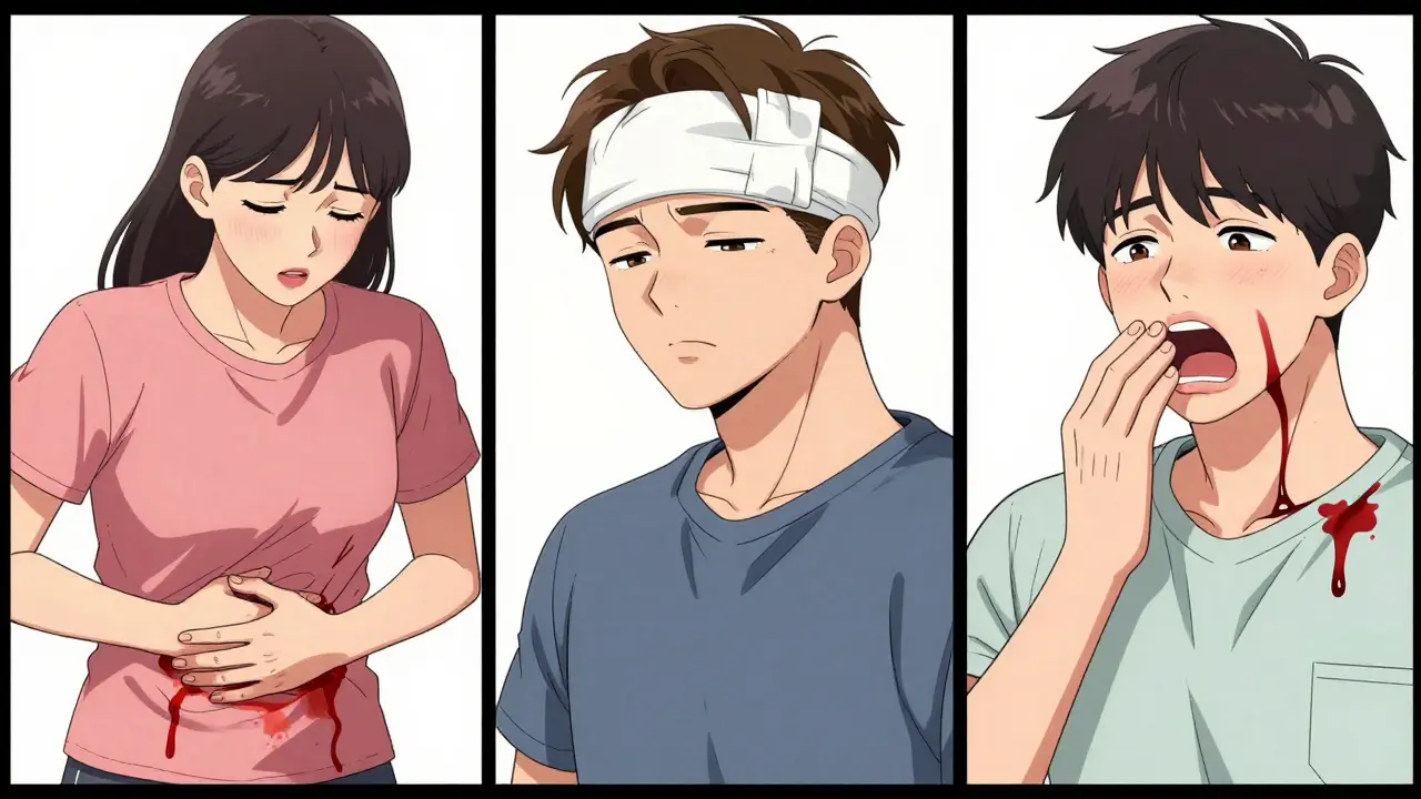 Three patients experiencing bleeding side effects: stomach, head, and shortness of breath.