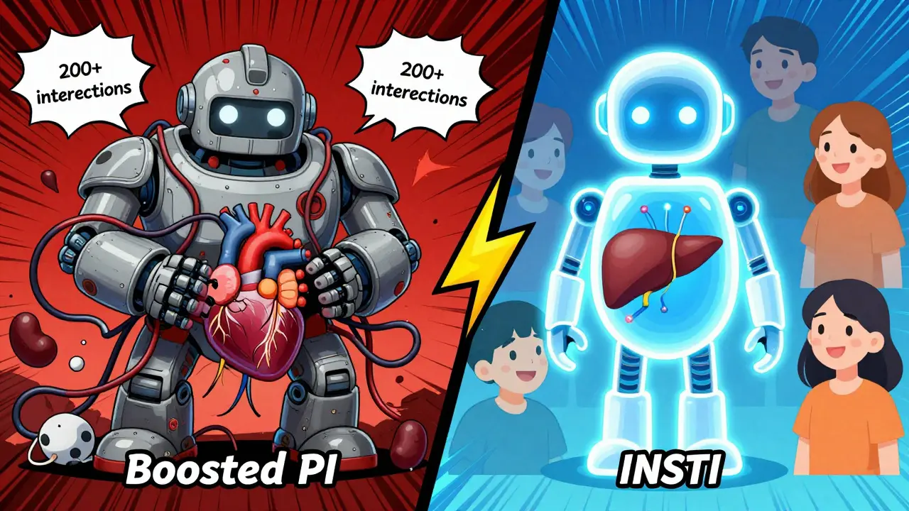 A battle between a dangerous boosted PI drug robot and a safe INSTI drug robot, protecting patient organs with clear interaction icons.