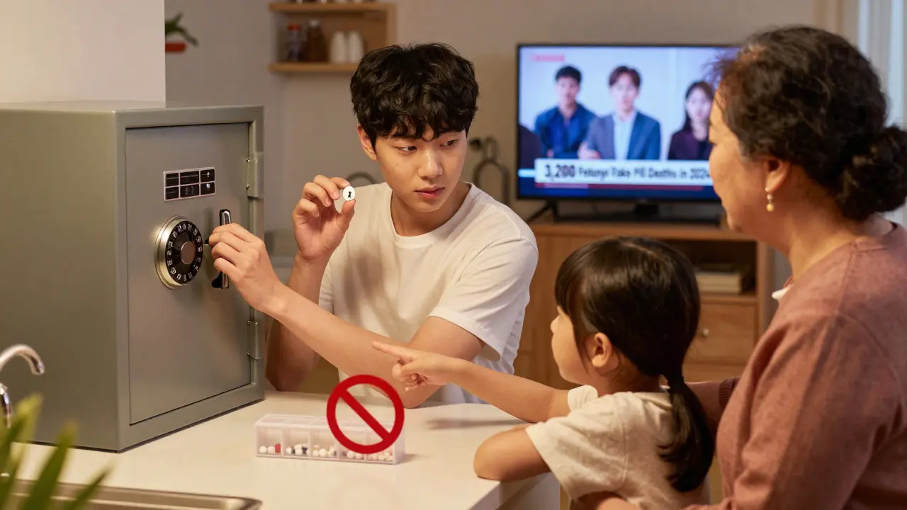 A family checks medication authenticity at a kitchen counter, using a safe and app to prevent counterfeit drug use.