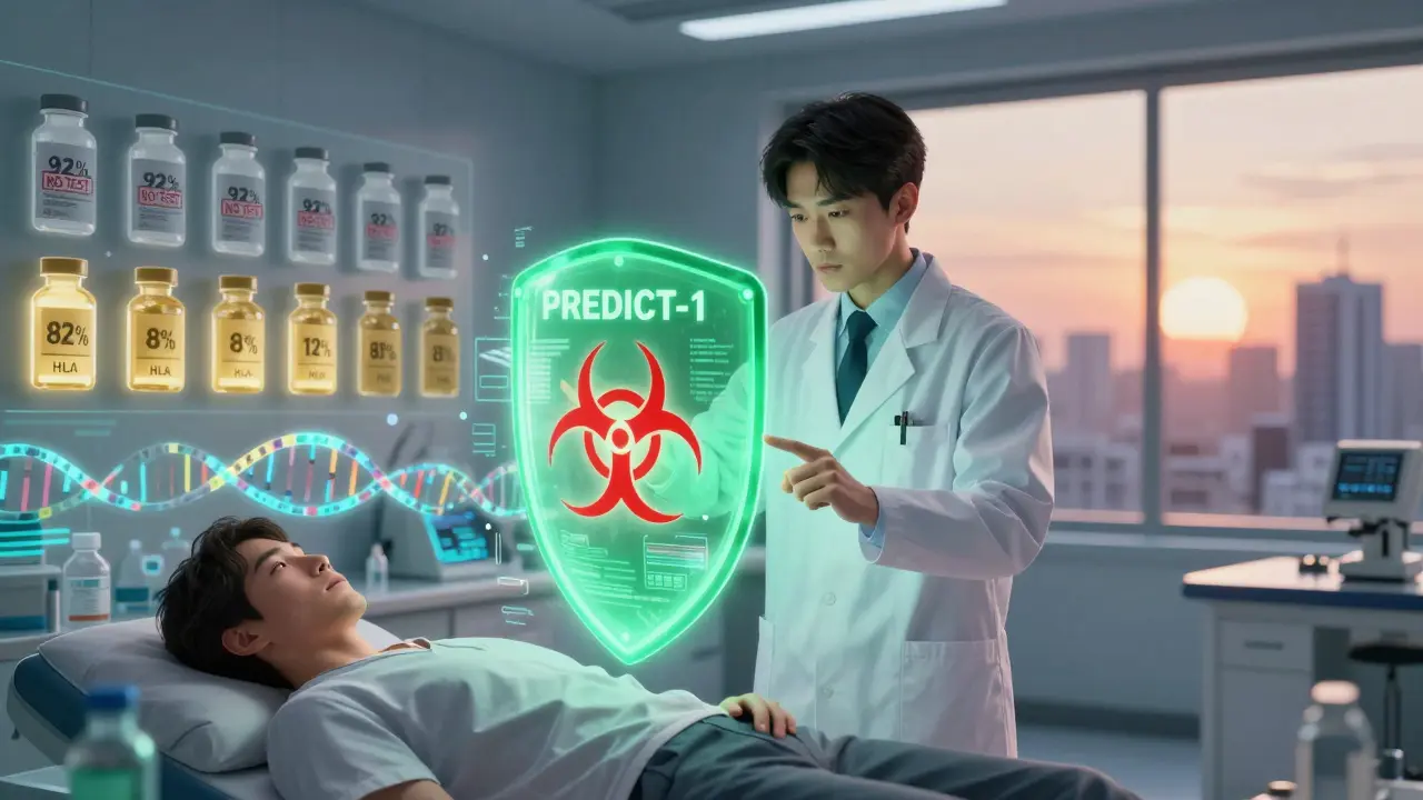 A futuristic lab with holographic DNA and AI predicting drug reactions, highlighting breakthroughs while most drugs remain untestable.