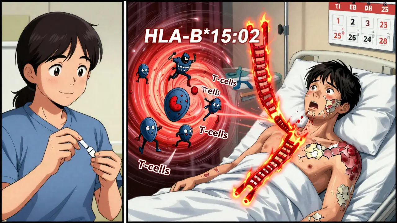 A patient experiencing severe skin peeling due to a drug reaction, with a glowing HLA gene triggering an immune attack, shown in split-panel webtoon style.