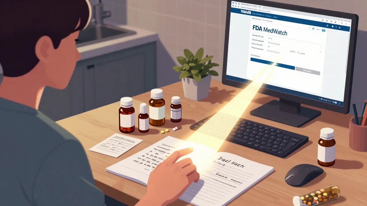 A person documents medication details with glowing MedWatch portal on screen, in dynamic Korean webtoon art.