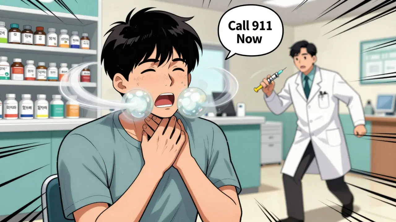 A person in emergency room with throat swelling as a doctor rushes in, surrounded by generic pill bottles.