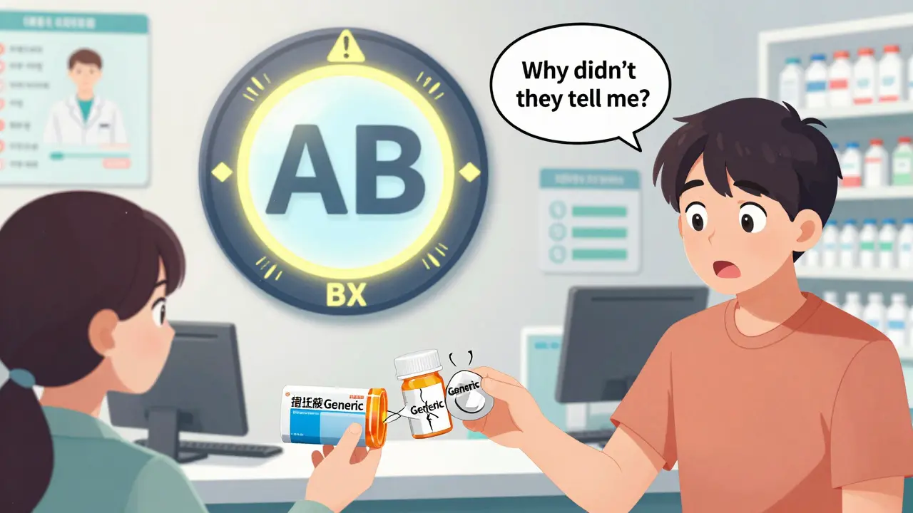 A pharmacist hands a patient a pill bottle that splits into two types, with FDA rating signs glowing nearby.