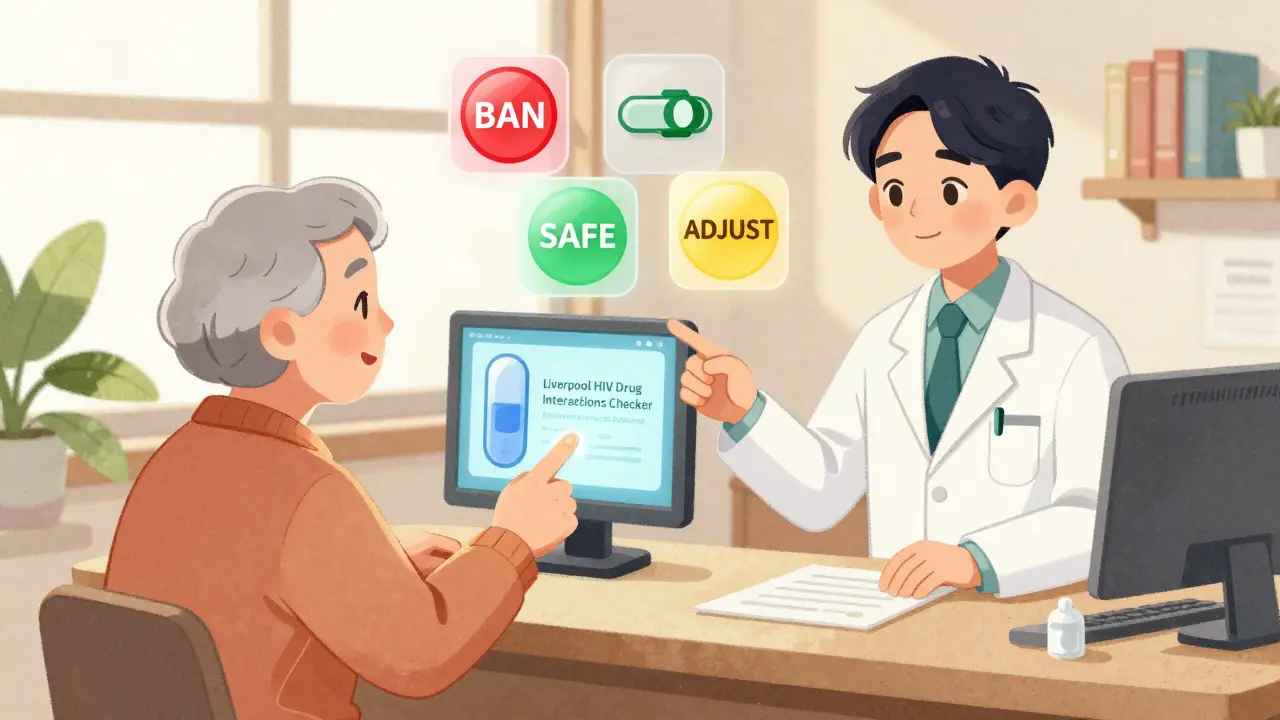 A pharmacist using a digital drug interaction checker to guide an elderly patient, with safety icons floating above medications.