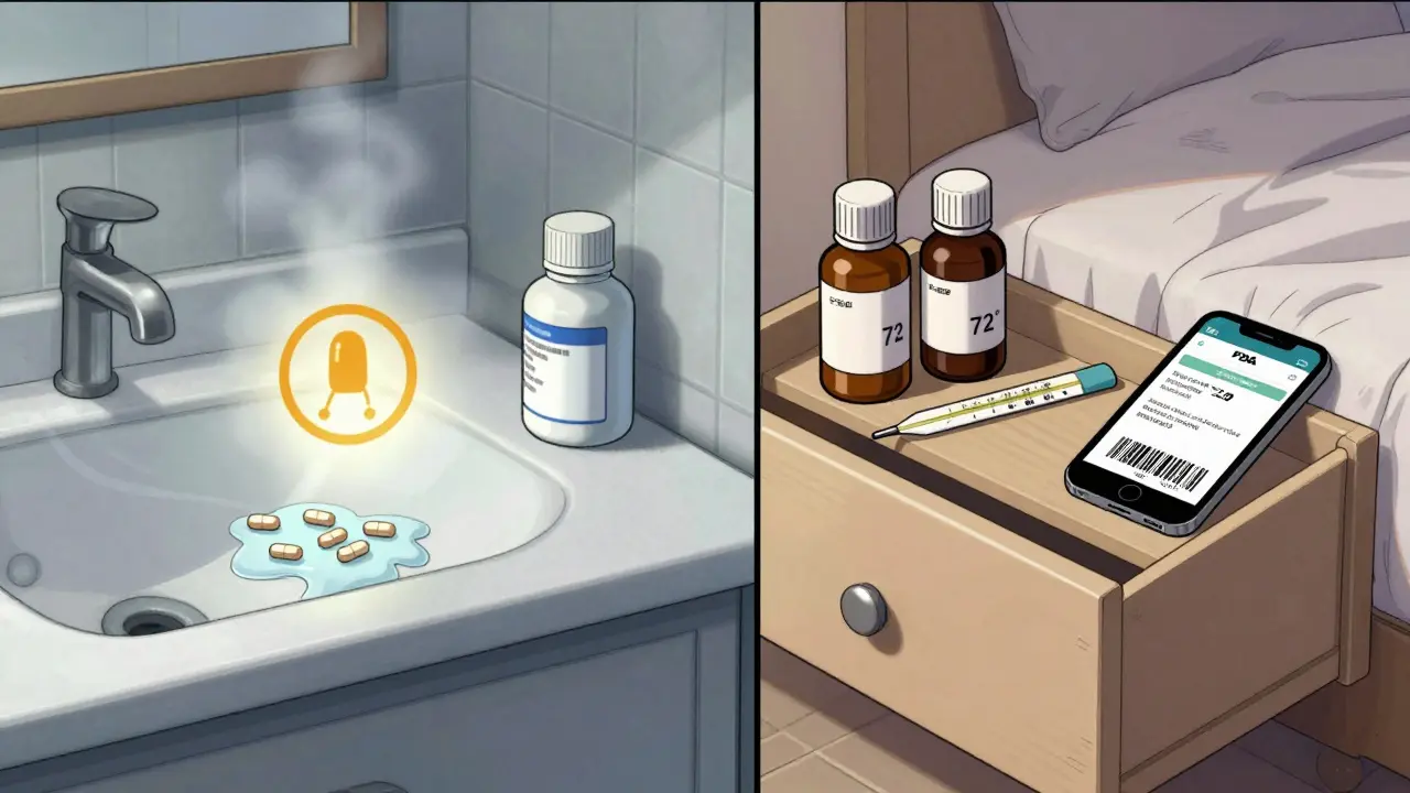 A split scene contrasts a humid, dangerous bathroom medicine cabinet with a safe, dry, properly stored medication drawer.