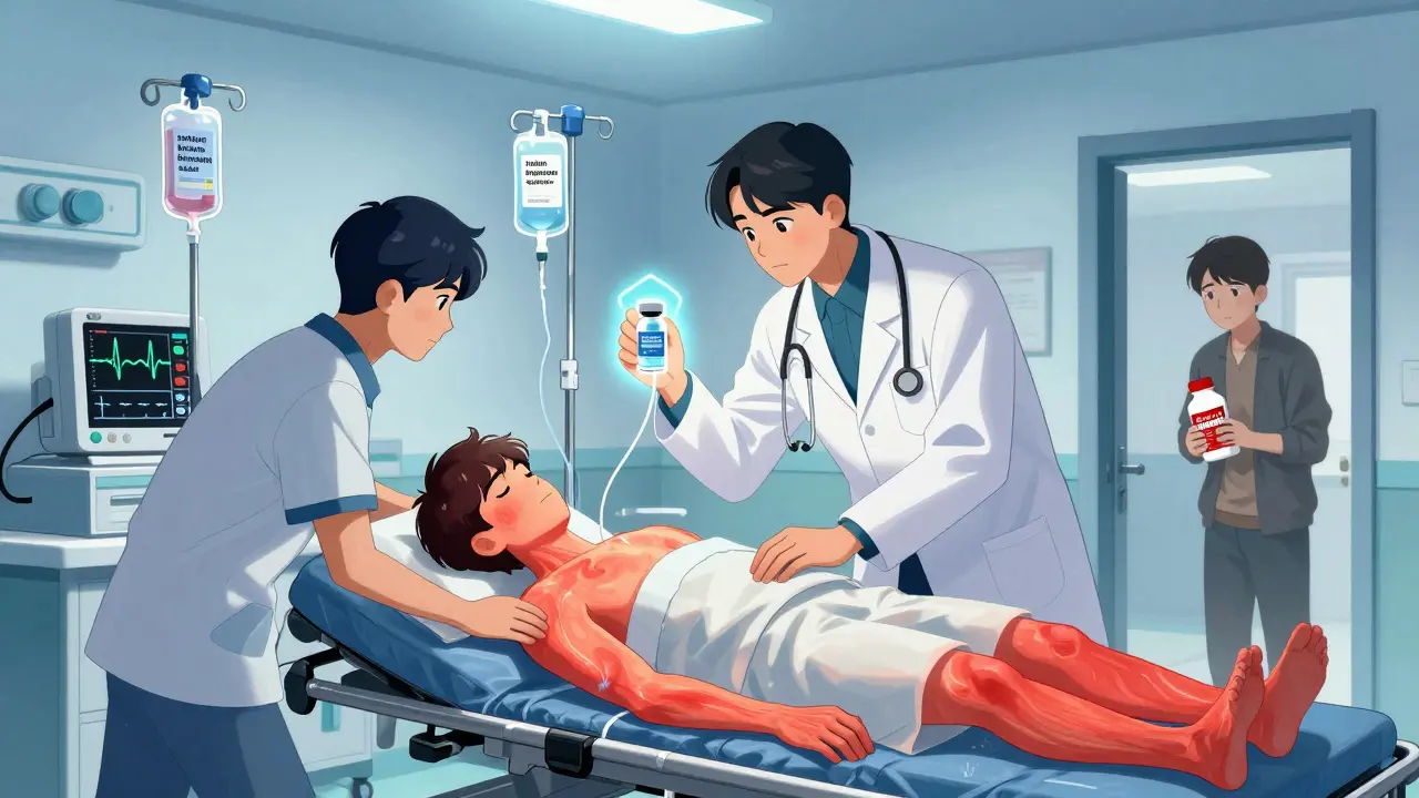 Emergency room staff treating overdose patient with EKG monitor showing widened QRS complex and IV medications.
