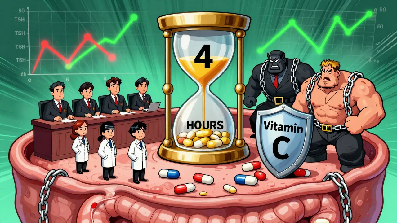 Levothyroxine and iron pills in a courtroom inside the gut, separated by a 4-hour hourglass, in Korean webtoon illustration style.