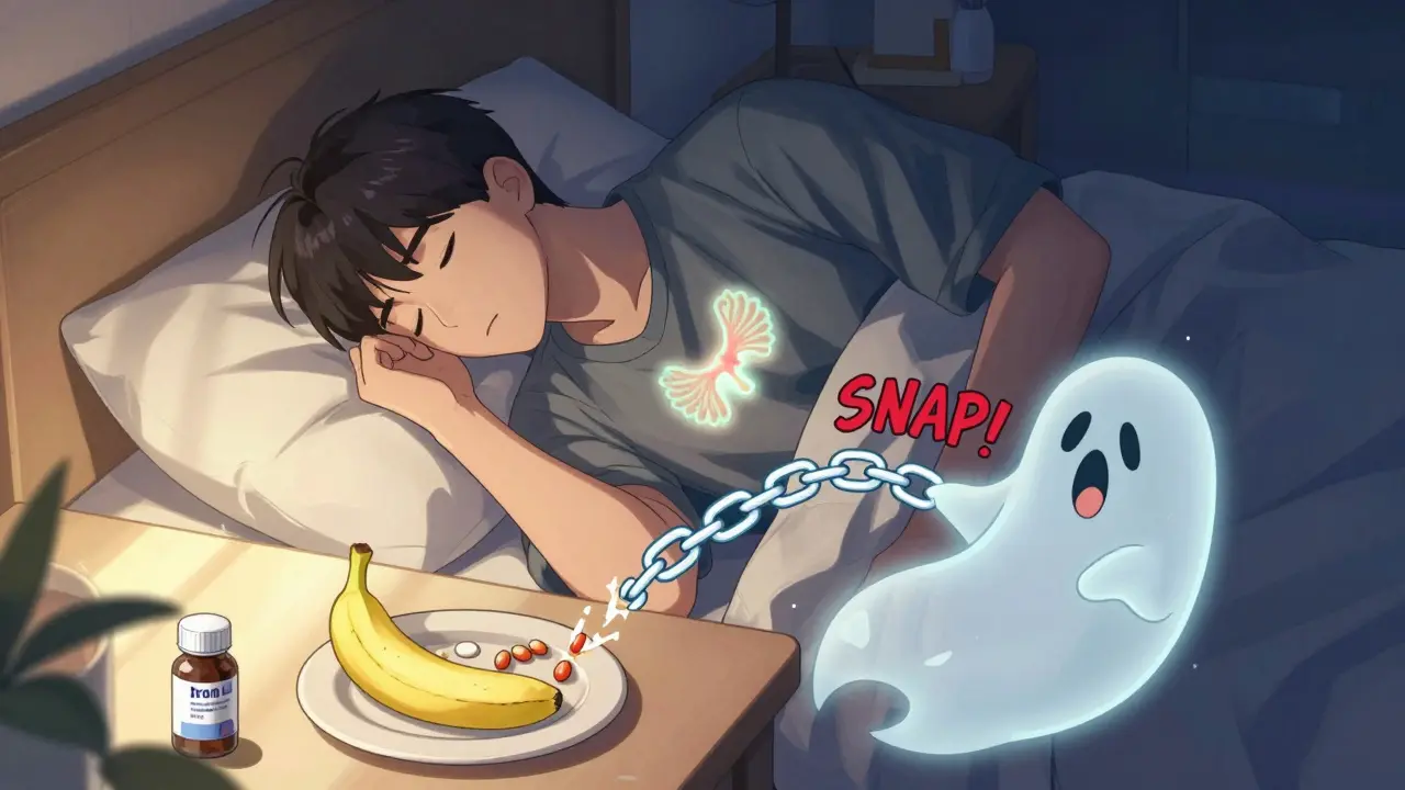 Nighttime thyroid pill and morning iron dose separated by a snapping chain, symbolizing proper timing in cartoon webtoon style.