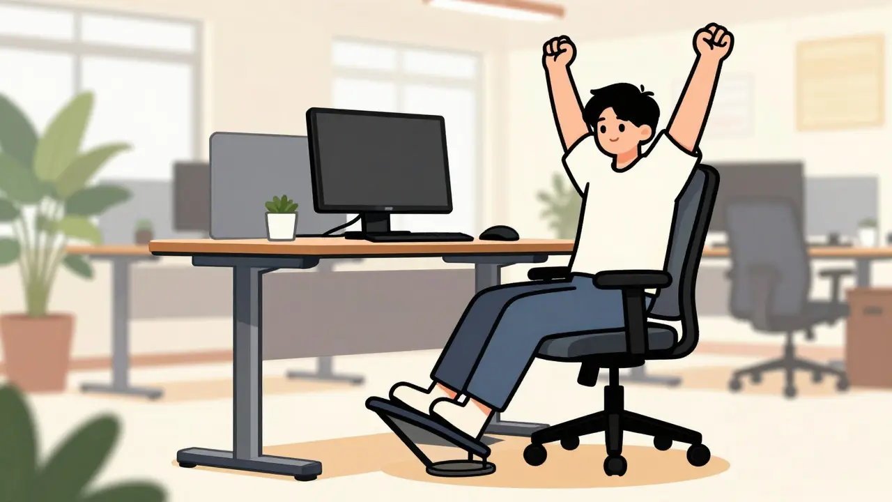 Office worker stretching near adjustable standing desk
