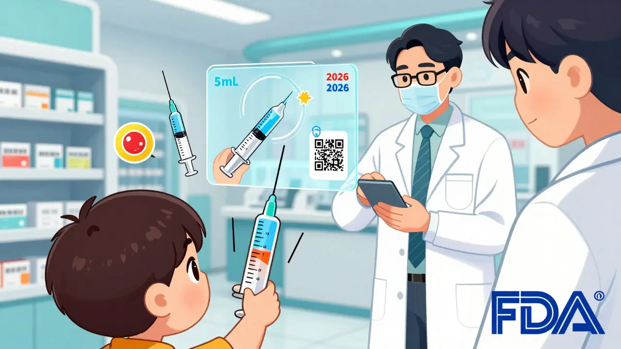 Parent scanning a QR code on a medicine label that projects a holographic tutorial on how to use a syringe correctly.