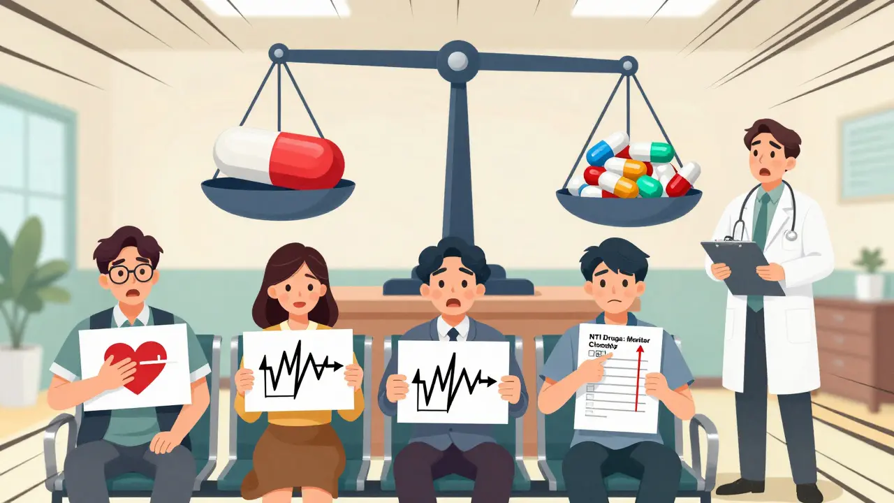 Patients in a clinic hold up signs of health problems caused by generic switches, while a scale balances brand and generic pills.