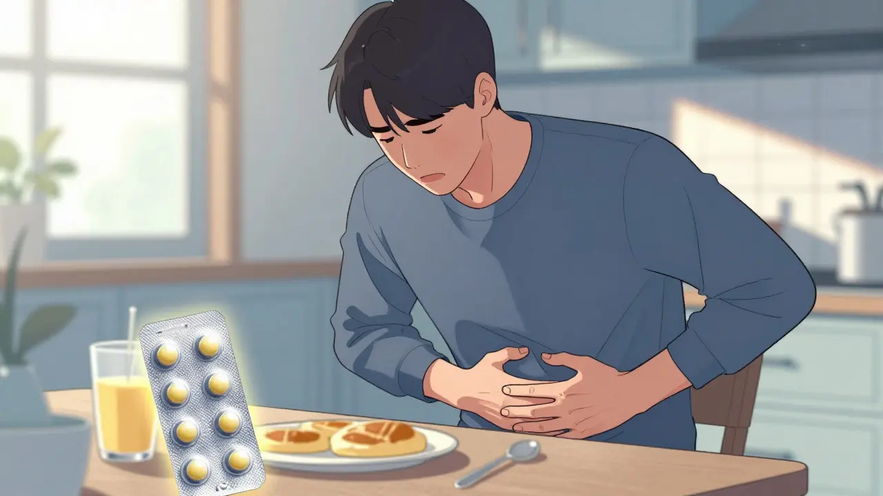 Person experiencing stomach discomfort from diabetes medication side effects