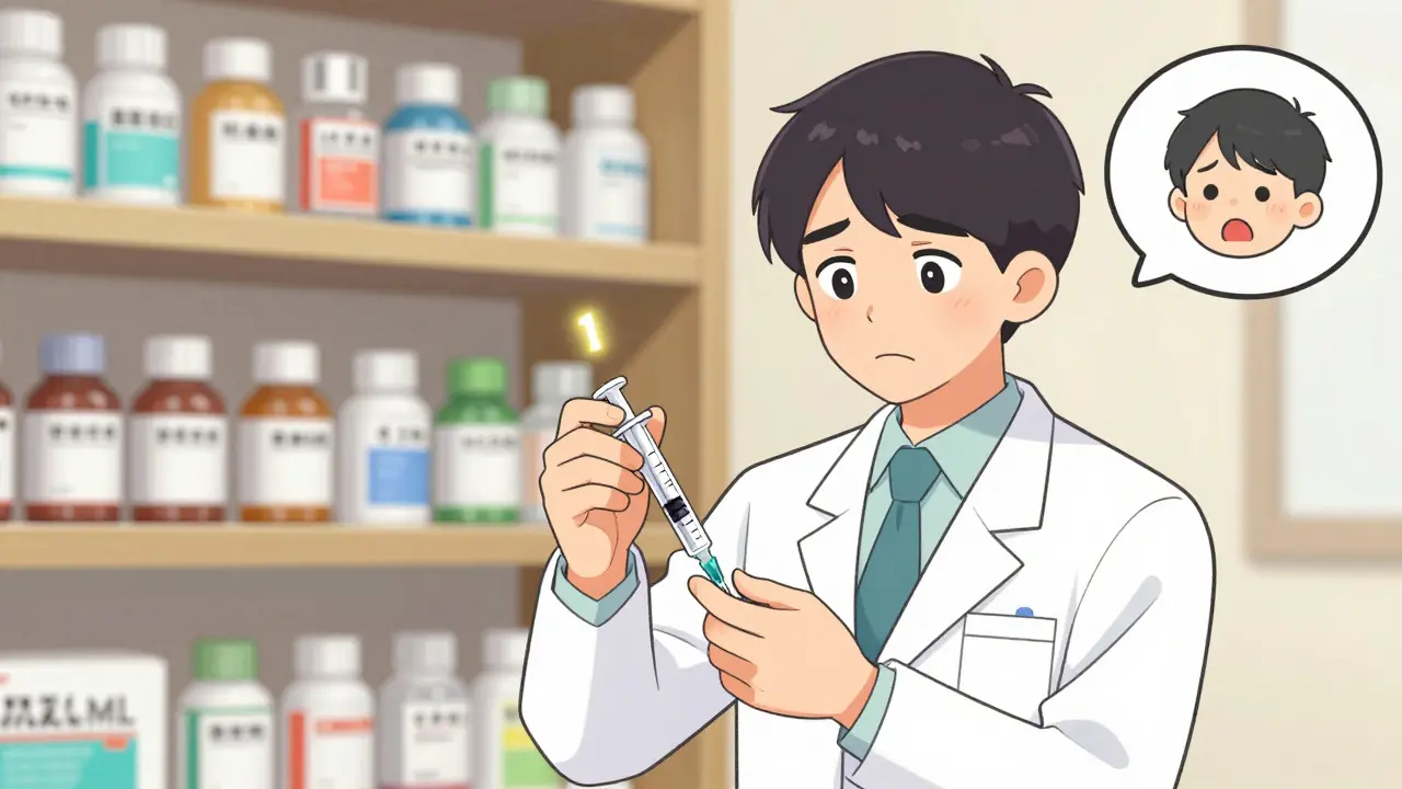 Pharmacist demonstrating precise 0.7 mL measurement with a small oral syringe for an infant, emphasizing accuracy.