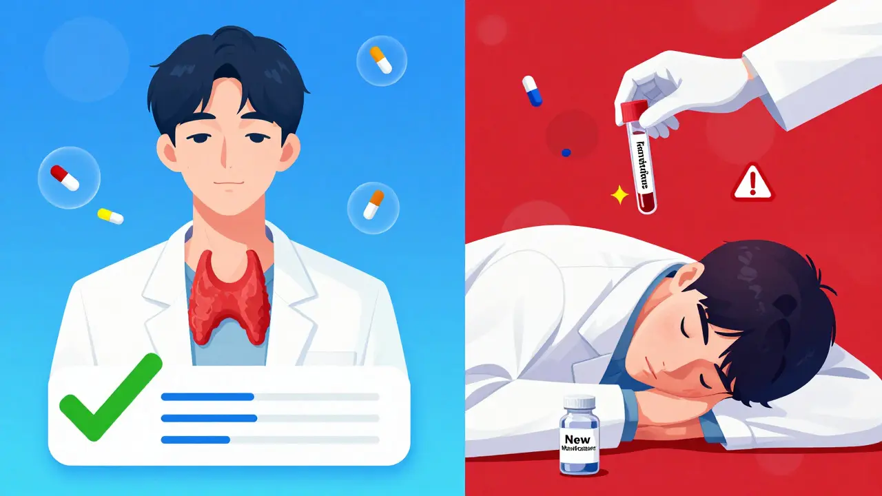 Split image showing a person before and after switching generics, with lab results and warning symbols.