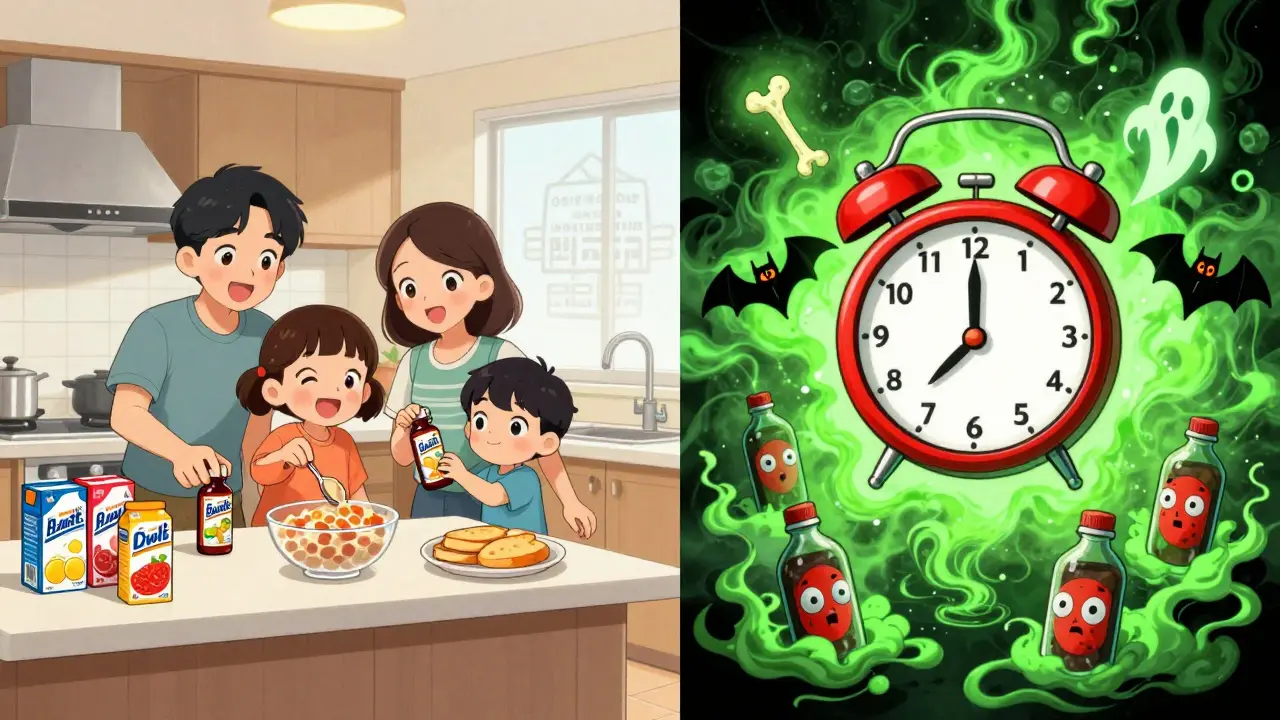 Split scene: normal kitchen vs. toxic nightmare with exploding Benadryl bottles and floating anticholinergic symbols.
