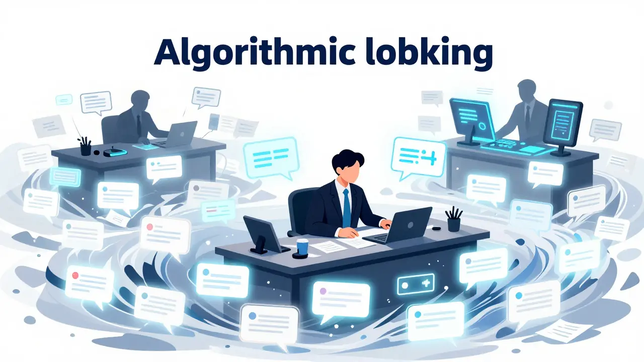 A government official overwhelmed by a flood of AI-generated digital comments from a corporate source.