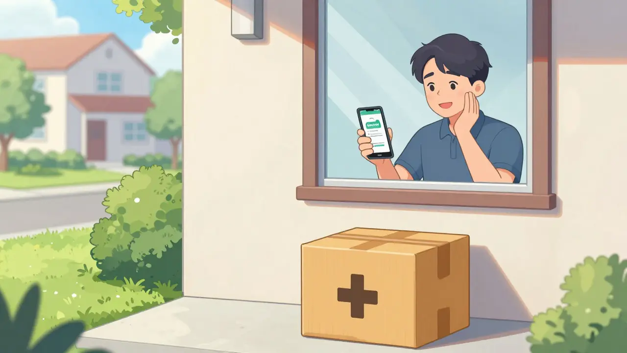 A medical package delivered to a home doorstep with a happy patient in the background